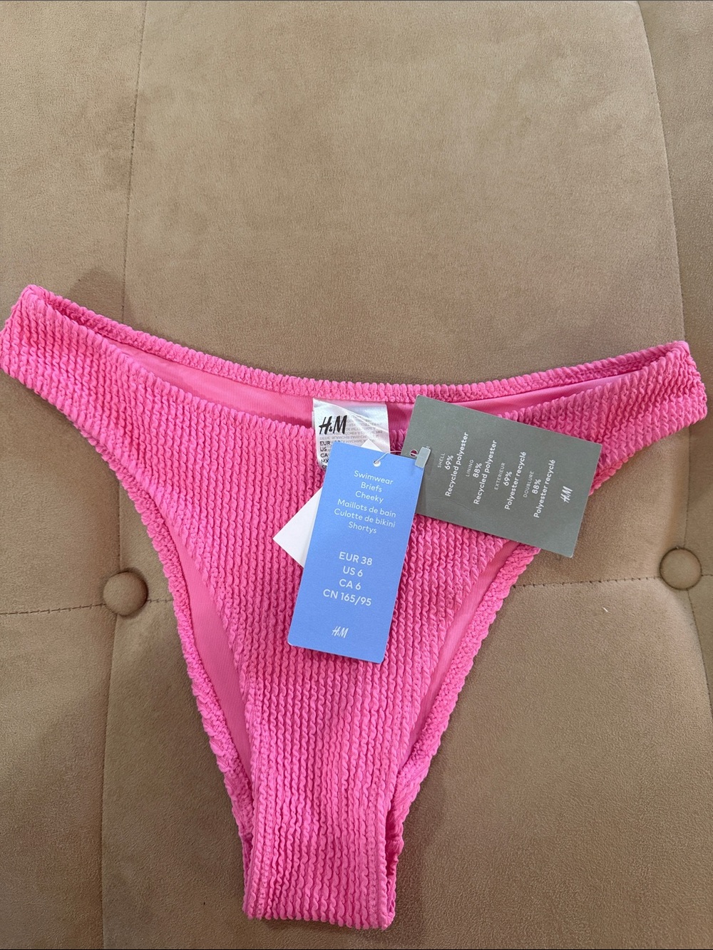 H&M Pink Crinkle Textured Cheeky Bikini Bottom Size 6 NWT high leg